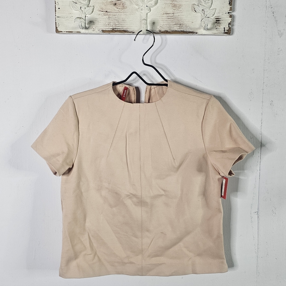 Spanx High Neck Pale Pink Stretch Short Sleeve Top Zipper Back Officr Wear New